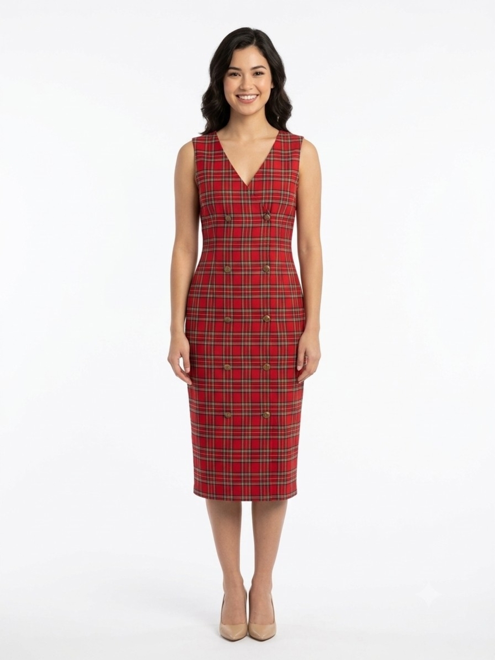 Sharon Young Red Plaid Double-Breasted V-Neck Sheath Dress Size 10 EUC P2P 19.5